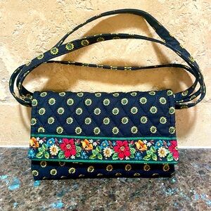 Vera Bradley Retired Rare Vibrant Black Floral Trim Wallet Snap In Strap